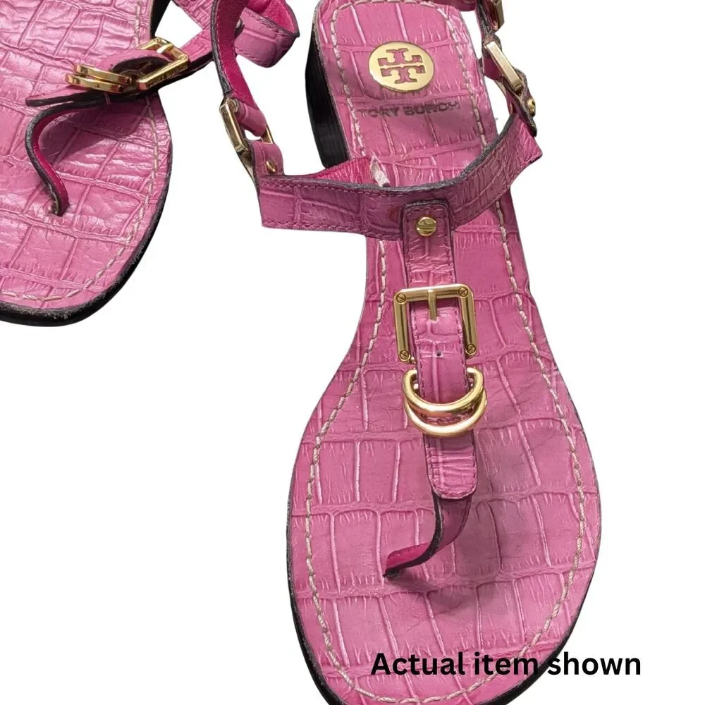 💖 Tory Burch Hot Pink Croc Embossed Leather Strappy Sandal 7.5
